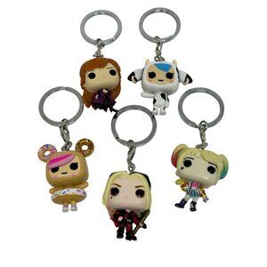 Funko Pop Set 5 Keychains Anna Cow Suit Donut Harley Quinn & Deadpool Characters